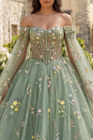 Load image into Gallery viewer, Dusty Sage Princess Corset Floral Long Quinceanera Dress with Cape