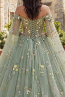Load image into Gallery viewer, Dusty Sage Princess Corset Floral Long Quinceanera Dress with Cape
