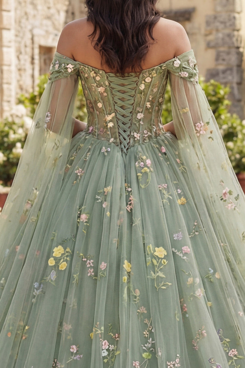 Load image into Gallery viewer, Dusty Sage Princess Corset Floral Long Quinceanera Dress with Cape