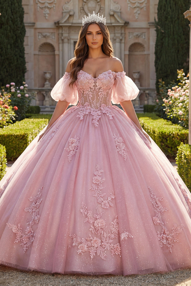 Load image into Gallery viewer, Long Corset Beaded Pink Floral Glitter Puff Sleeves Princess Quinceanera Dress