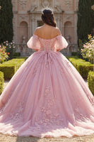 Load image into Gallery viewer, Long Corset Beaded Pink Floral Glitter Puff Sleeves Princess Quinceanera Dress