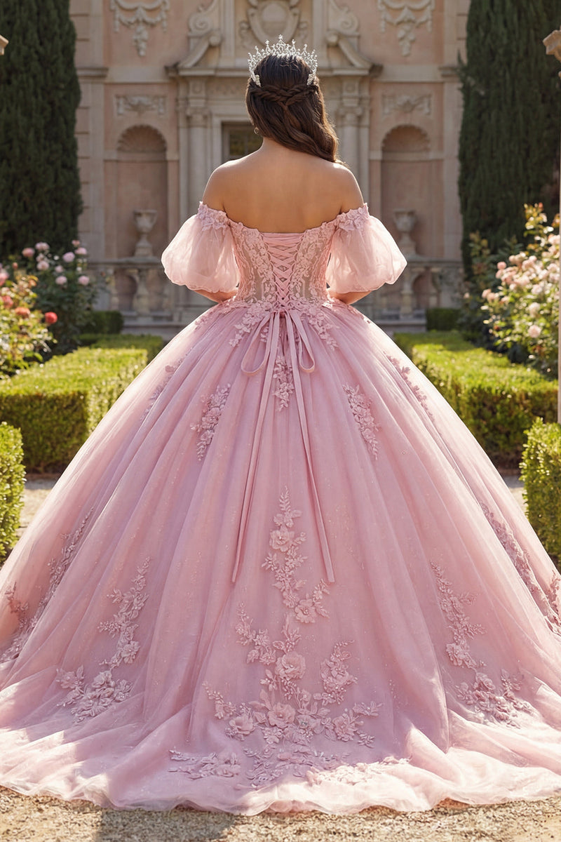 Load image into Gallery viewer, Long Corset Beaded Pink Floral Glitter Puff Sleeves Princess Quinceanera Dress