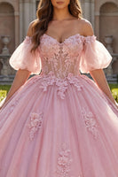 Load image into Gallery viewer, Long Corset Beaded Pink Floral Glitter Puff Sleeves Princess Quinceanera Dress