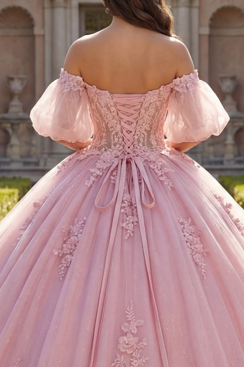 Load image into Gallery viewer, Long Corset Beaded Pink Floral Glitter Puff Sleeves Princess Quinceanera Dress