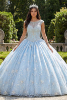 Load image into Gallery viewer, Sparkly Sky Blue Beaded Floral Princess Long Boat Neck Quinceanera Dress