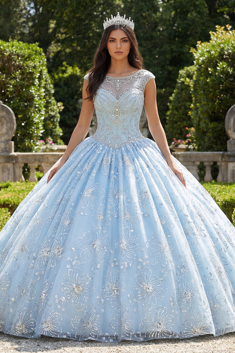 Load image into Gallery viewer, Sparkly Sky Blue Beaded Floral Princess Long Boat Neck Quinceanera Dress