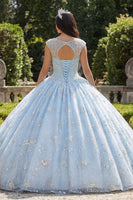 Load image into Gallery viewer, Sparkly Sky Blue Beaded Floral Princess Long Boat Neck Quinceanera Dress