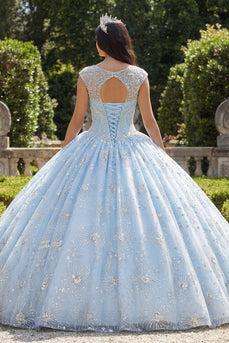 Sparkly Sky Blue Beaded Floral Princess Long Boat Neck Quinceanera Dress