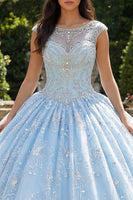 Load image into Gallery viewer, Sparkly Sky Blue Beaded Floral Princess Long Boat Neck Quinceanera Dress
