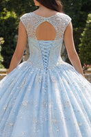 Load image into Gallery viewer, Sparkly Sky Blue Beaded Floral Princess Long Boat Neck Quinceanera Dress