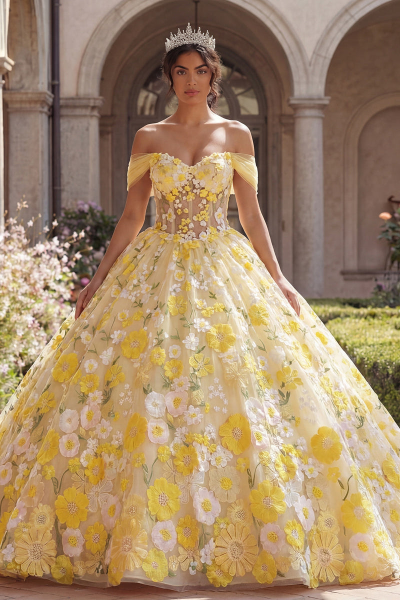 Load image into Gallery viewer, Yellow Off the Shoulder Floral Princess Long Corset Quinceanera Dress