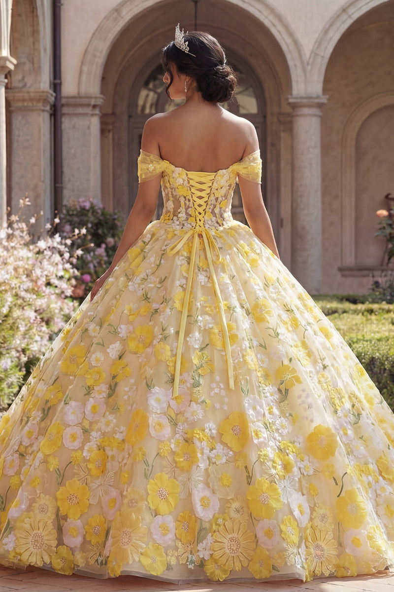Load image into Gallery viewer, Yellow Off the Shoulder Floral Princess Long Corset Quinceanera Dress
