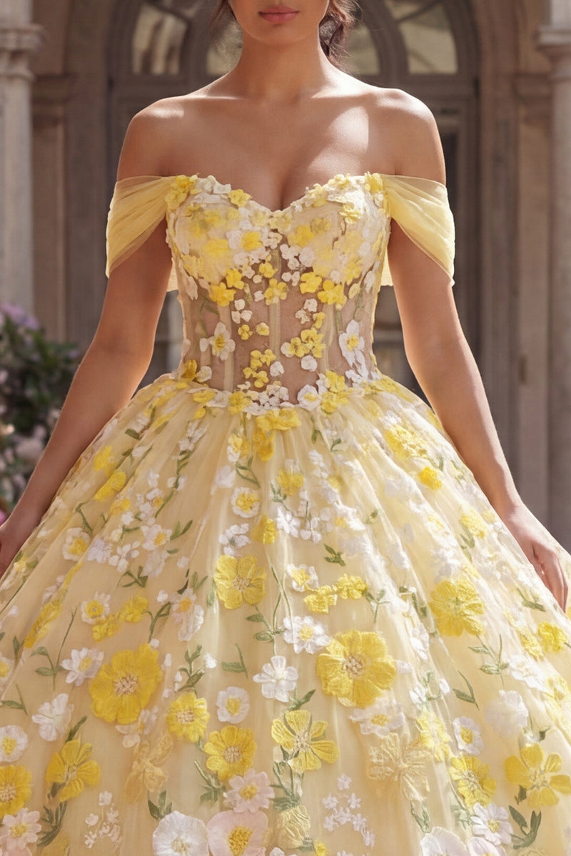 Load image into Gallery viewer, Yellow Off the Shoulder Floral Princess Long Corset Quinceanera Dress