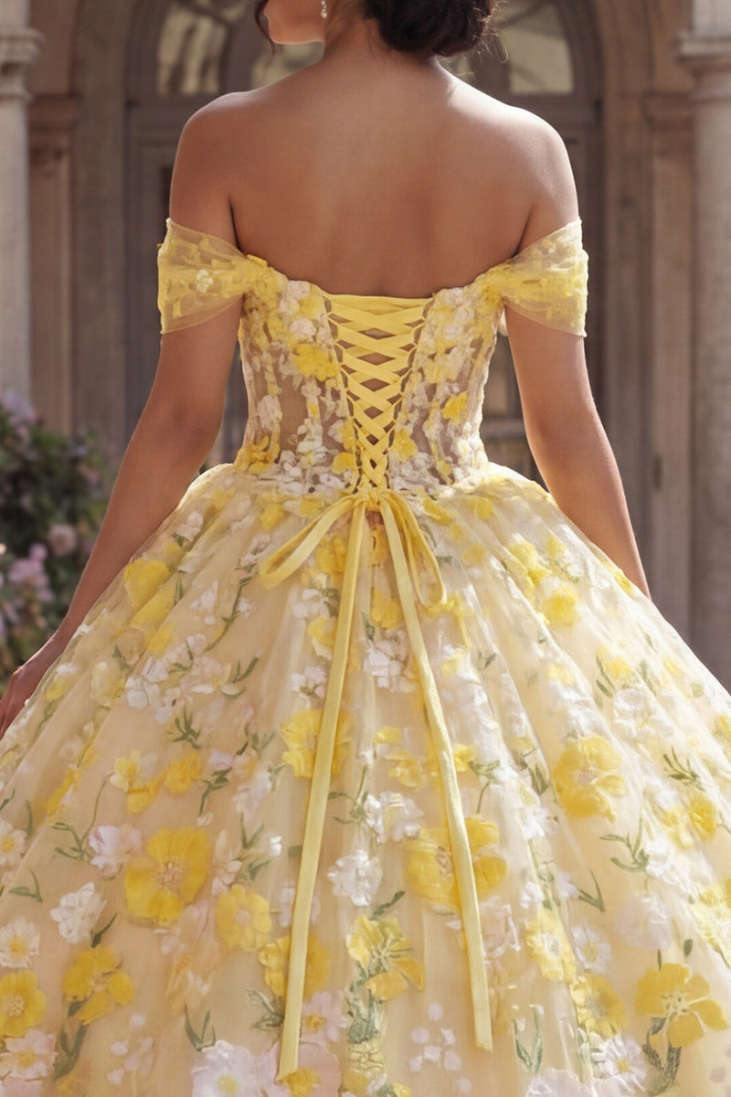 Load image into Gallery viewer, Yellow Off the Shoulder Floral Princess Long Corset Quinceanera Dress