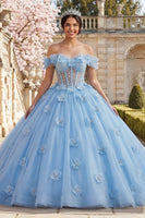 Load image into Gallery viewer, Sky Blue Floral Long Corset Ruffled Princess Quinceanera Dress with Pearls