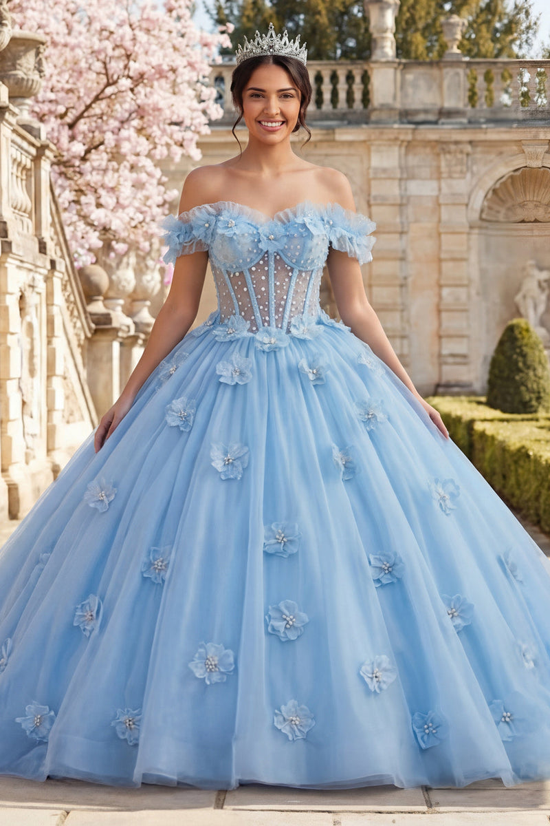 Load image into Gallery viewer, Sky Blue Floral Long Corset Ruffled Princess Quinceanera Dress with Pearls