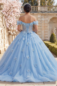 Sky Blue Floral Long Corset Ruffled Princess Quinceanera Dress with Pearls