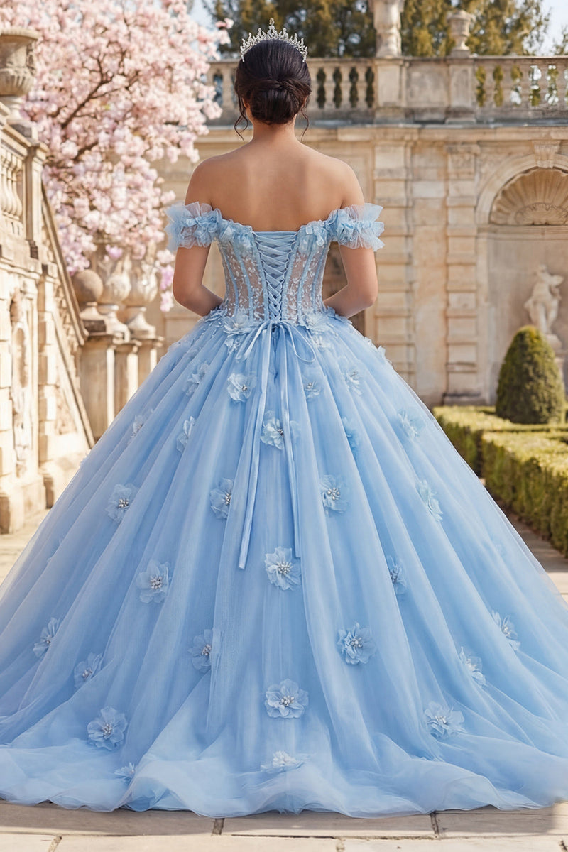 Load image into Gallery viewer, Sky Blue Floral Long Corset Ruffled Princess Quinceanera Dress with Pearls