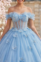 Load image into Gallery viewer, Sky Blue Floral Long Corset Ruffled Princess Quinceanera Dress with Pearls