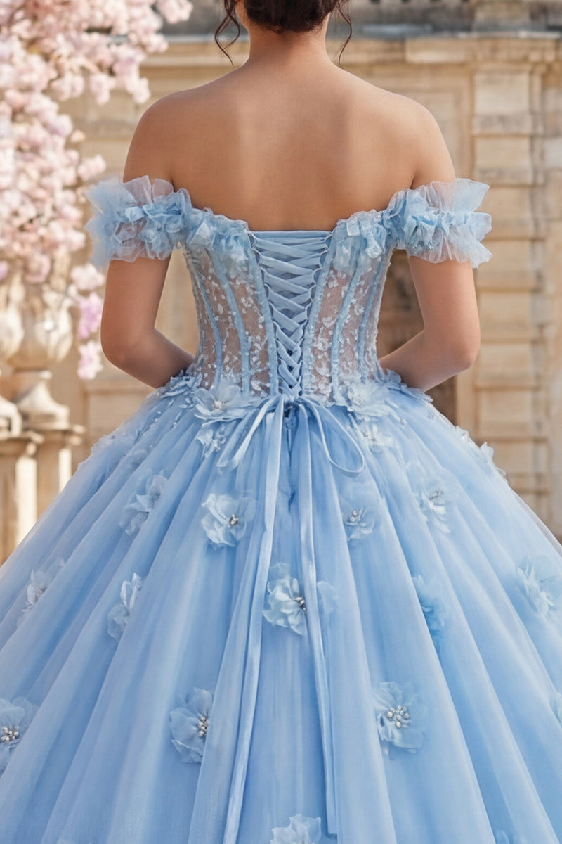 Load image into Gallery viewer, Sky Blue Floral Long Corset Ruffled Princess Quinceanera Dress with Pearls