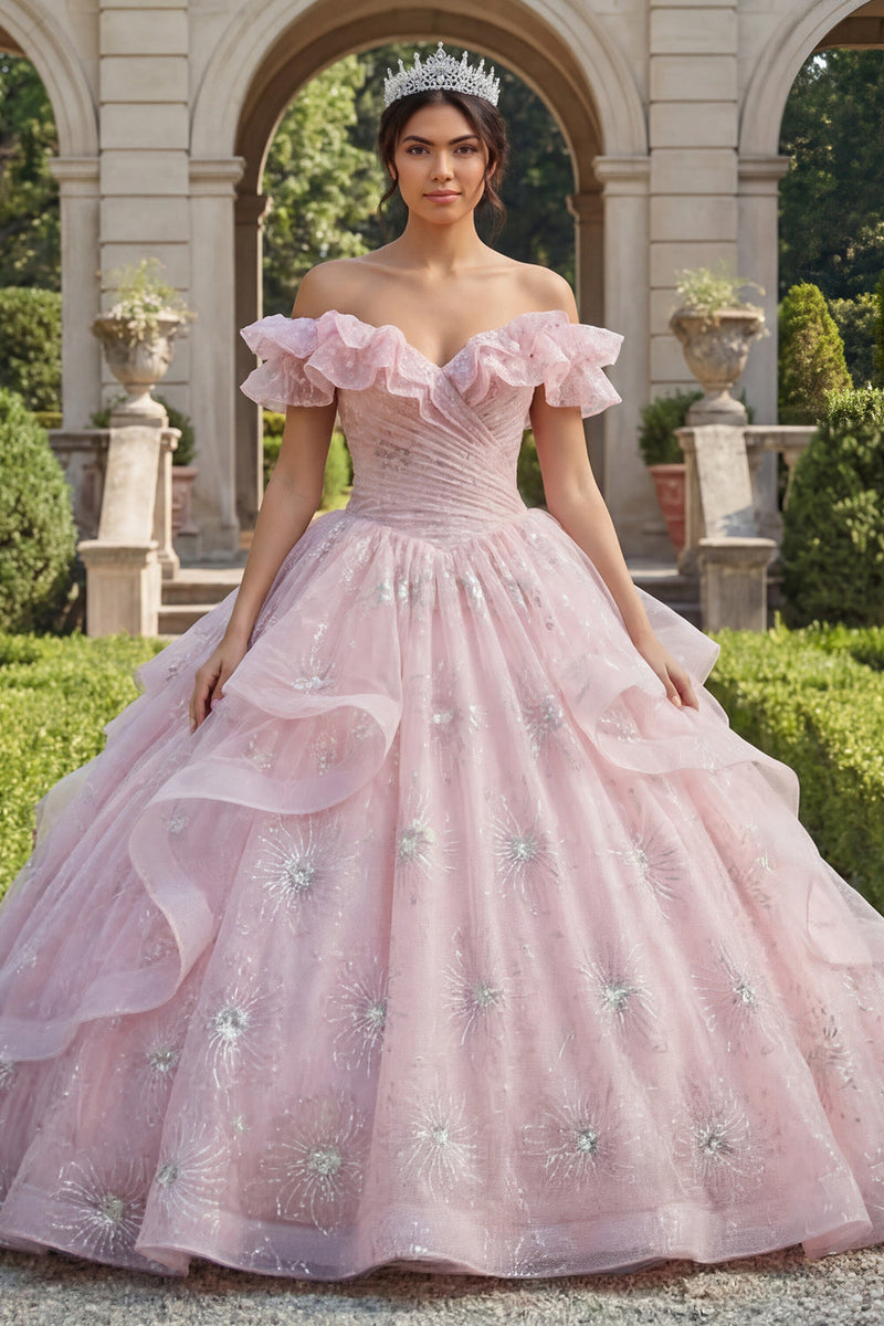 Load image into Gallery viewer, Pink Princess Sequin Ruched Long Quinceanera Dress with Ruffles