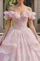 Load image into Gallery viewer, Pink Princess Sequin Ruched Long Quinceanera Dress with Ruffles