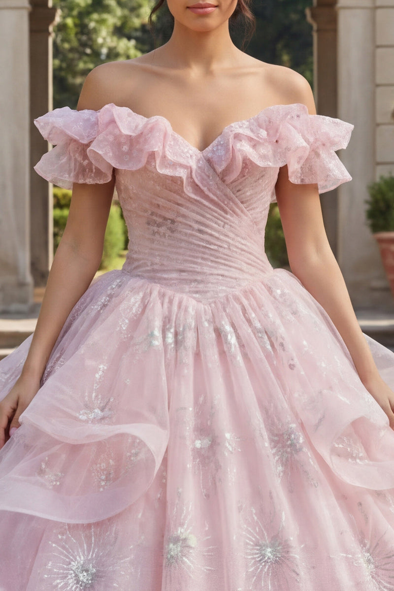 Load image into Gallery viewer, Pink Princess Sequin Ruched Long Quinceanera Dress with Ruffles