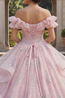 Load image into Gallery viewer, Pink Princess Sequin Ruched Long Quinceanera Dress with Ruffles