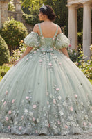 Load image into Gallery viewer, Sage Green V-Neck Princess Floral Puff Sleeves Long Quinceanera Dress