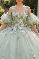 Load image into Gallery viewer, Sage Green V-Neck Princess Floral Puff Sleeves Long Quinceanera Dress