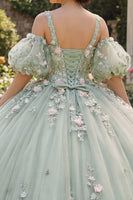 Load image into Gallery viewer, Sage Green V-Neck Princess Floral Puff Sleeves Long Quinceanera Dress