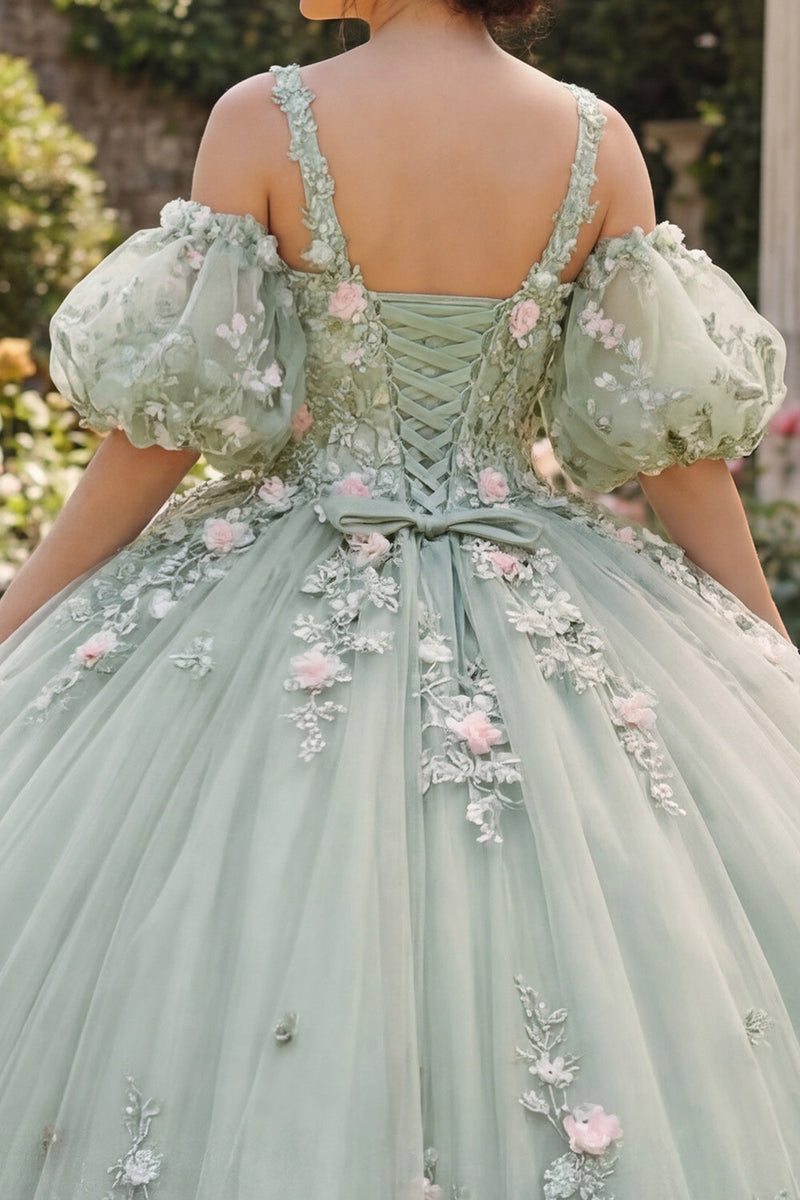 Load image into Gallery viewer, Sage Green V-Neck Princess Floral Puff Sleeves Long Quinceanera Dress