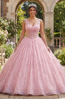 Load image into Gallery viewer, Sparkly Pink Princess Sequin Long Corset Ruched Floral Quinceanera Dress
