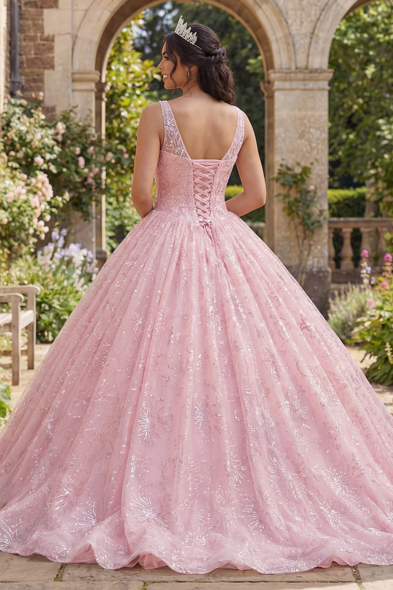 Load image into Gallery viewer, Sparkly Pink Princess Sequin Long Corset Ruched Floral Quinceanera Dress