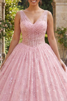 Load image into Gallery viewer, Sparkly Pink Princess Sequin Long Corset Ruched Floral Quinceanera Dress