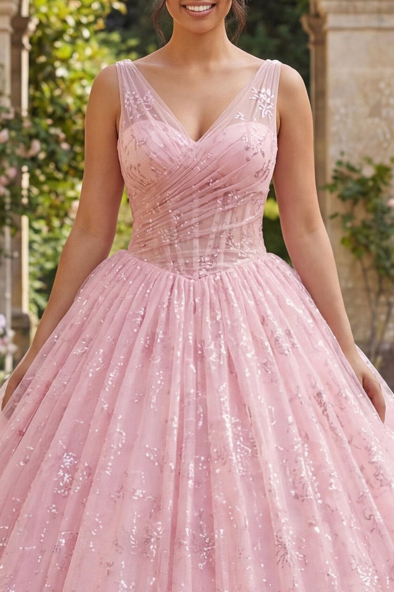 Load image into Gallery viewer, Sparkly Pink Princess Sequin Long Corset Ruched Floral Quinceanera Dress