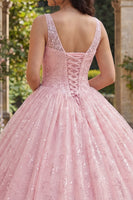 Load image into Gallery viewer, Sparkly Pink Princess Sequin Long Corset Ruched Floral Quinceanera Dress