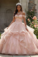 Load image into Gallery viewer, Queendancer Women Sparkly Pink Tulle Sequin Long Corset Quinceanera Dress with Ruffles Princess Off the Shoulder Beaded Ball Gown Sweet 16 Dress