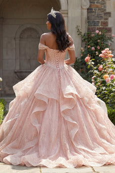 Sparkly Sequin Beaded Long Corset Pink Princess Quinceanera Dress with Ruffles
