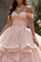 Load image into Gallery viewer, Sparkly Sequin Beaded Long Corset Pink Princess Quinceanera Dress with Ruffles