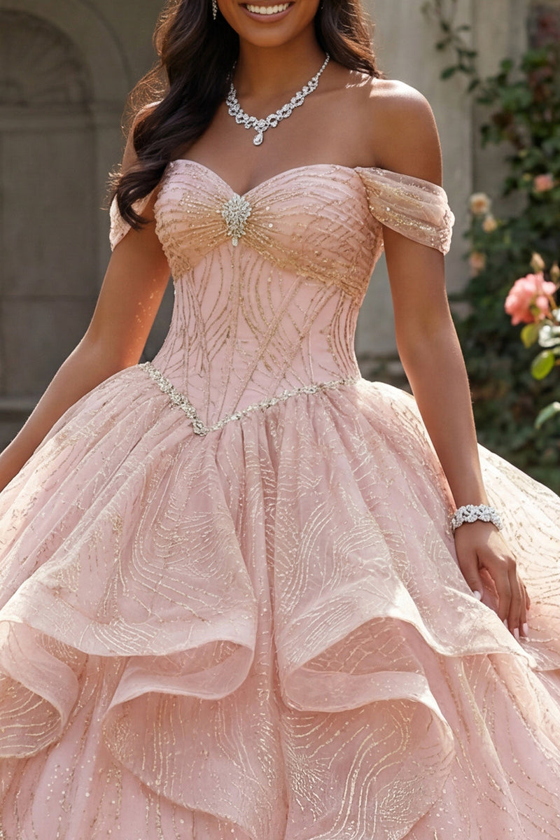 Load image into Gallery viewer, Sparkly Sequin Beaded Long Corset Pink Princess Quinceanera Dress with Ruffles