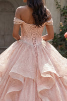 Load image into Gallery viewer, Sparkly Sequin Beaded Long Corset Pink Princess Quinceanera Dress with Ruffles