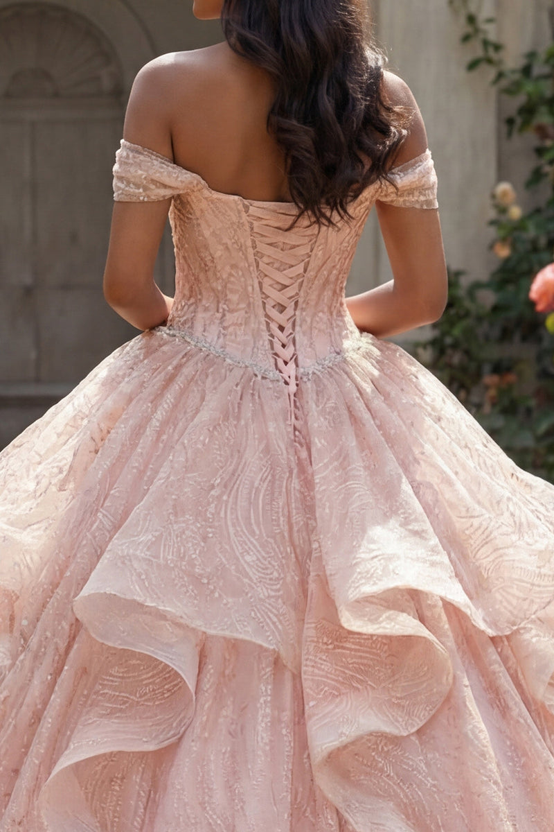 Load image into Gallery viewer, Sparkly Sequin Beaded Long Corset Pink Princess Quinceanera Dress with Ruffles