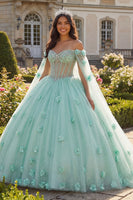 Load image into Gallery viewer, Light Green Beaded Corset Floral Long Princess Quinceanera Dress with Cape