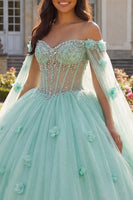 Load image into Gallery viewer, Light Green Beaded Corset Floral Long Princess Quinceanera Dress with Cape
