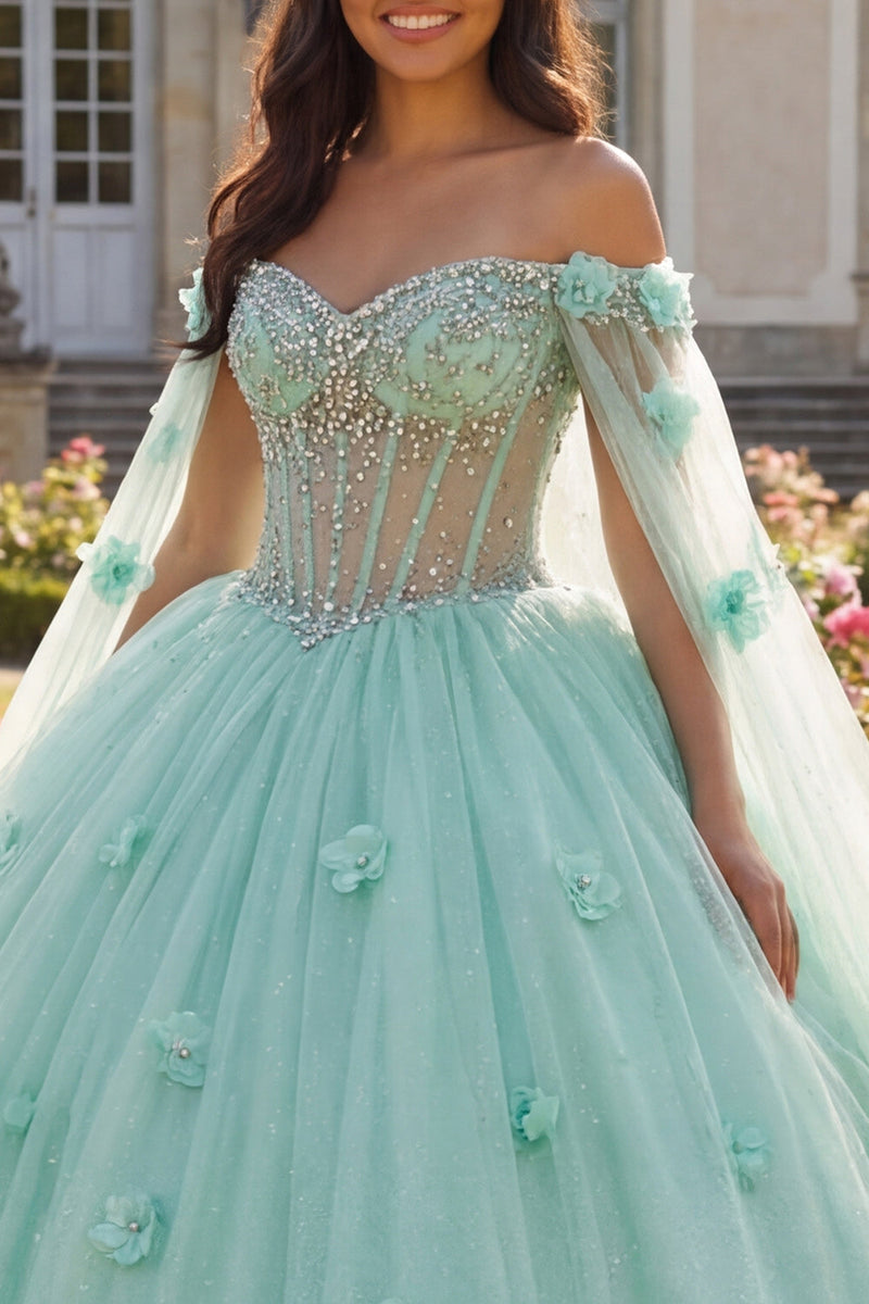 Load image into Gallery viewer, Light Green Beaded Corset Floral Long Princess Quinceanera Dress with Cape