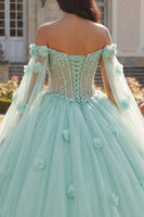 Load image into Gallery viewer, Light Green Beaded Corset Floral Long Princess Quinceanera Dress with Cape
