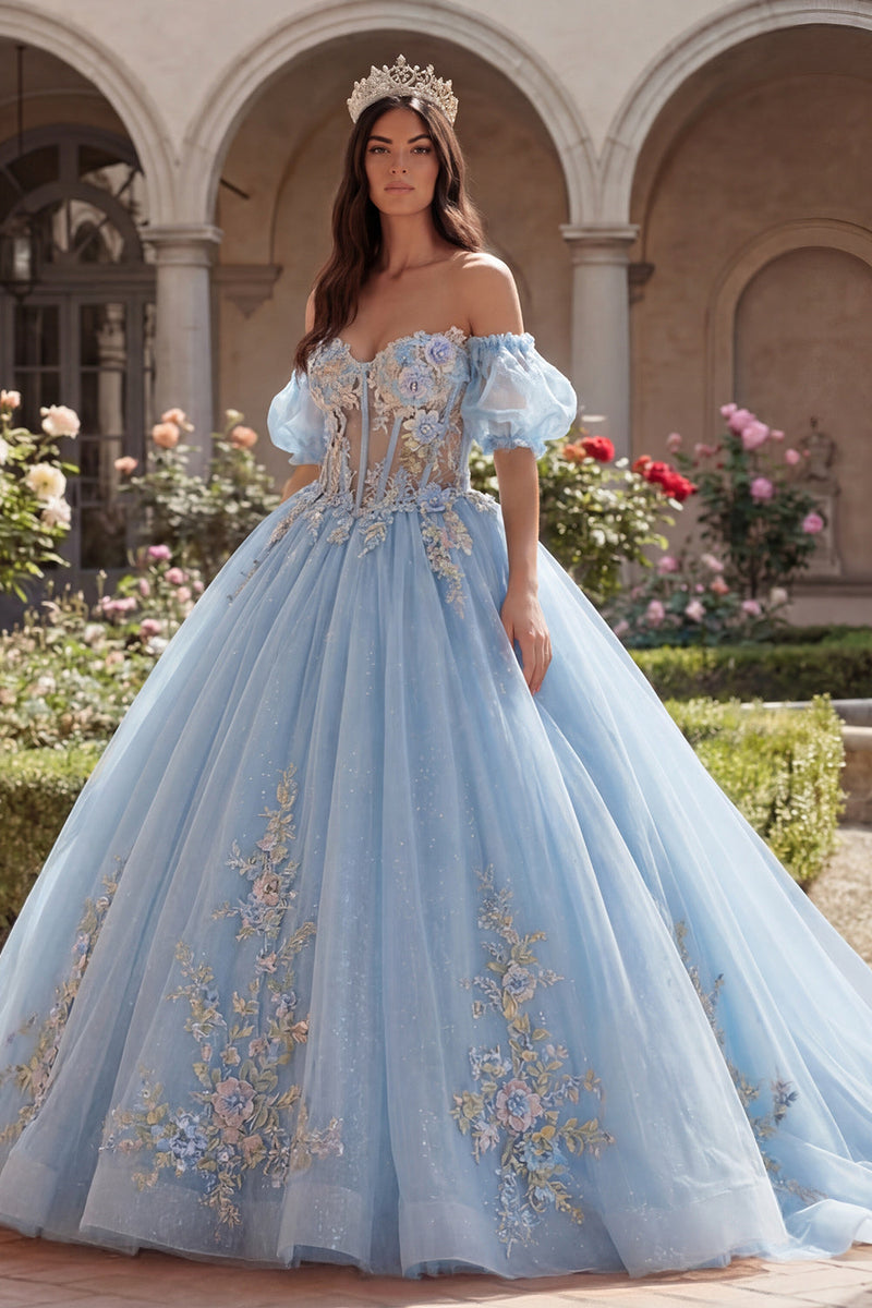 Load image into Gallery viewer, Long Puff Sleeves Sky Blue Floral Glitter Corset Princess Quinceanera Dress