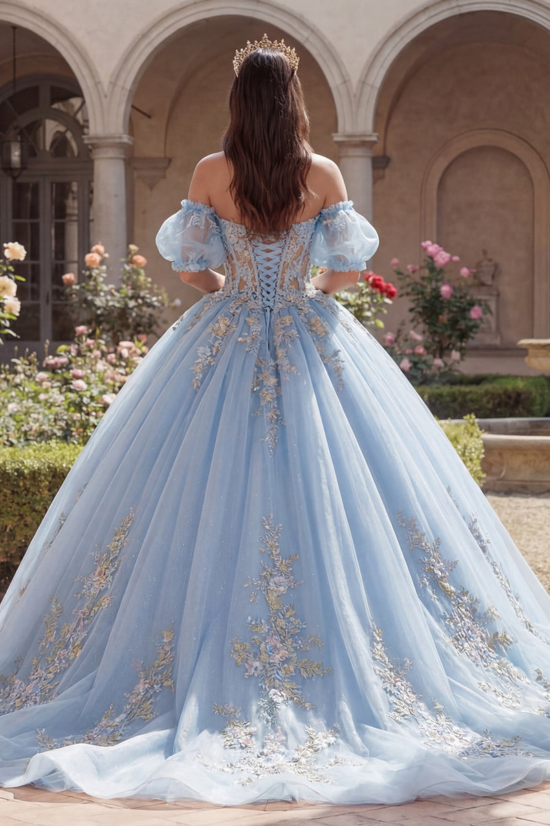 Load image into Gallery viewer, Long Puff Sleeves Sky Blue Floral Glitter Corset Princess Quinceanera Dress