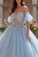 Load image into Gallery viewer, Long Puff Sleeves Sky Blue Floral Glitter Corset Princess Quinceanera Dress